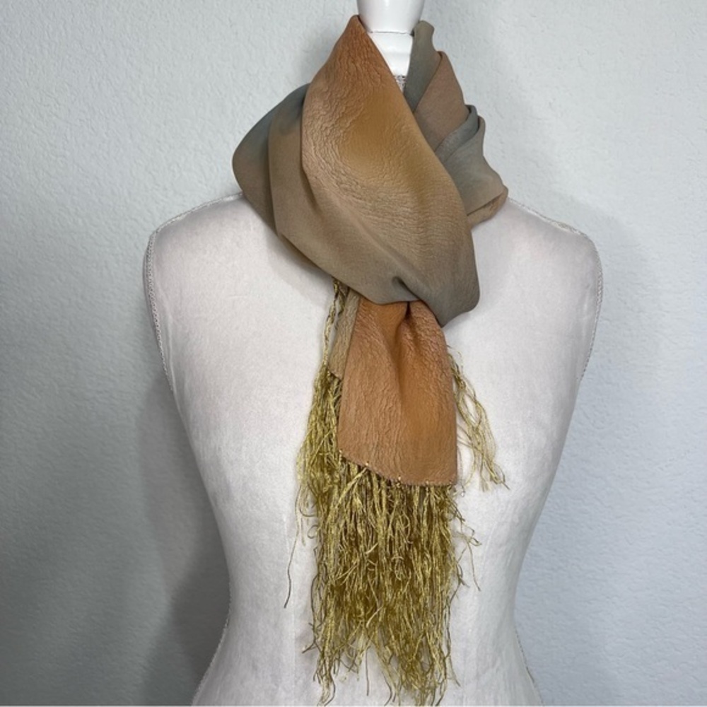 Tan Blue Gold Watermark Sheer Scarf with Gold Tassels Fringe